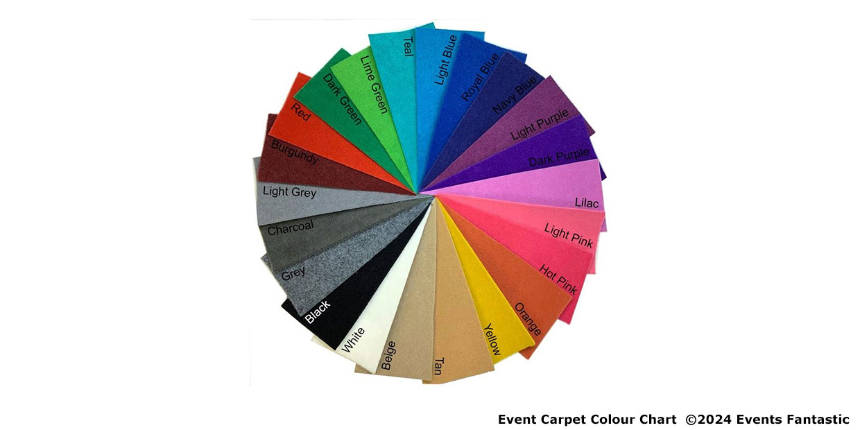 A circular event carpet color chart featuring 21 labeled color swatches, including shades like black, white, red, blue, green, gray, and beige. Ideal for runner selections at various events. The image is credited to Events Fantastic ©2024.